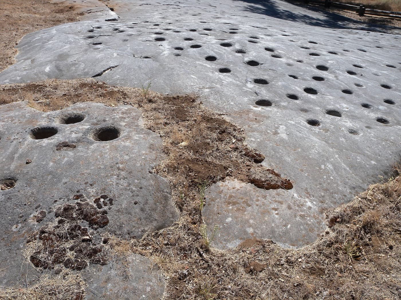 Bedrock mortar holes in the limestone at Indian Grinding Rock State Historic Park