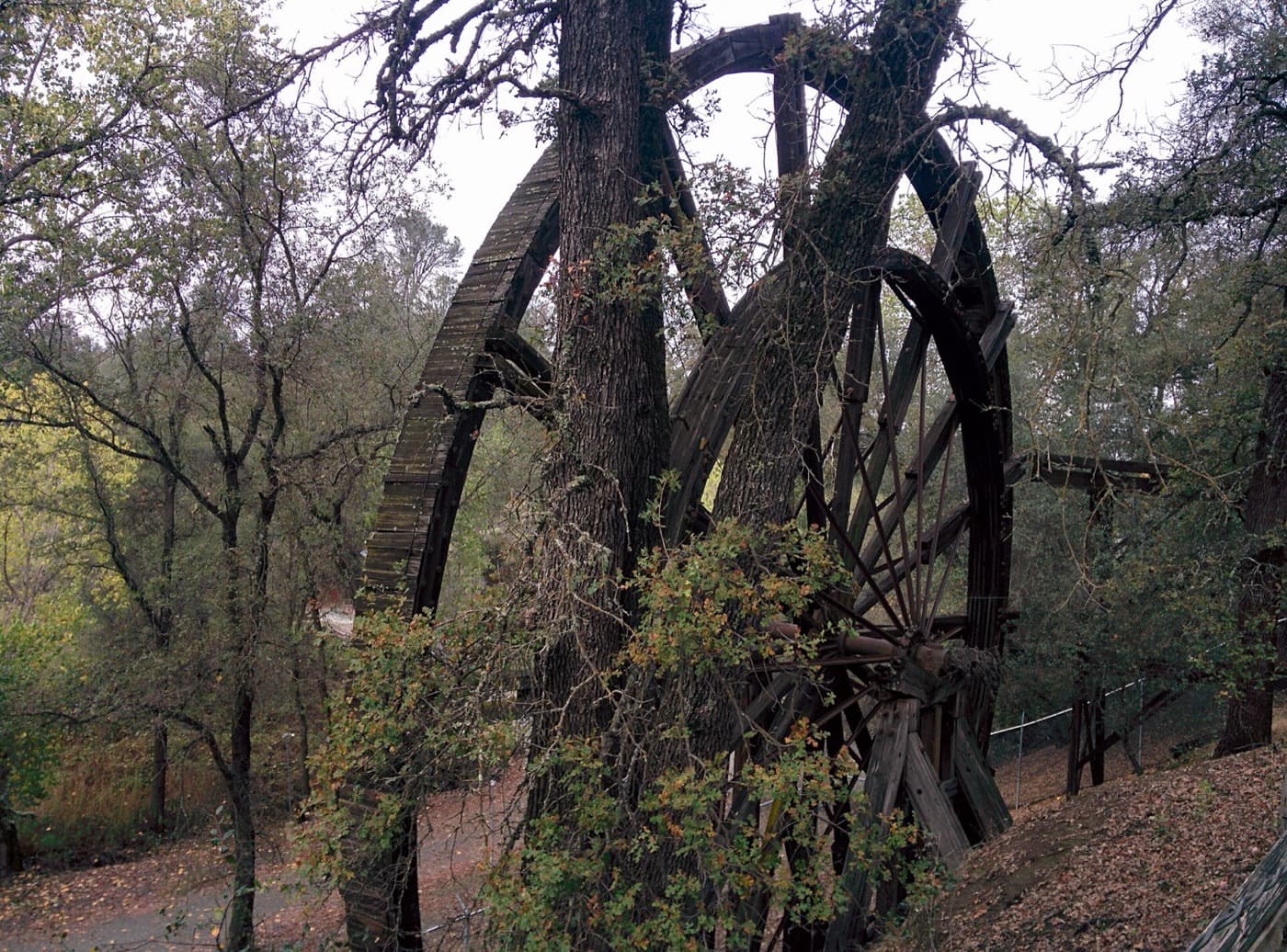 One of the Kennedy Mine's wooden tailing wheels above Jackson
