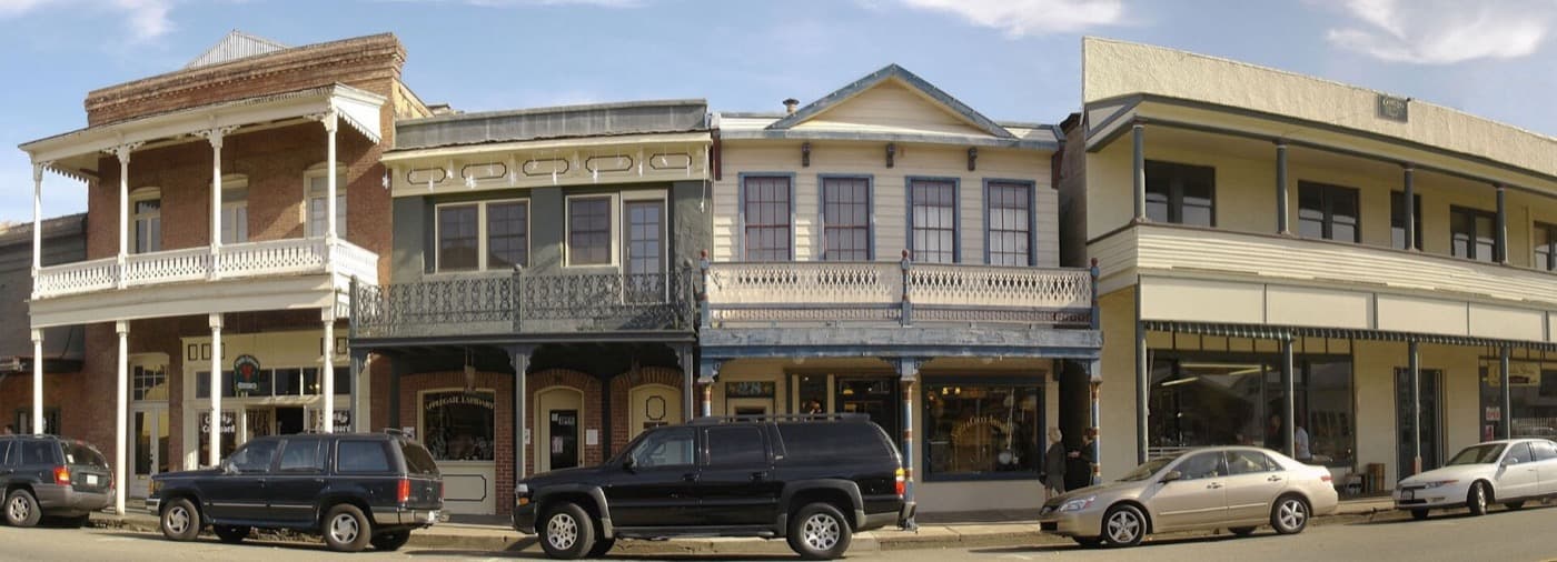 Historic balconied storefronts along Main Street, Old Highway 49, in Sutter Creek