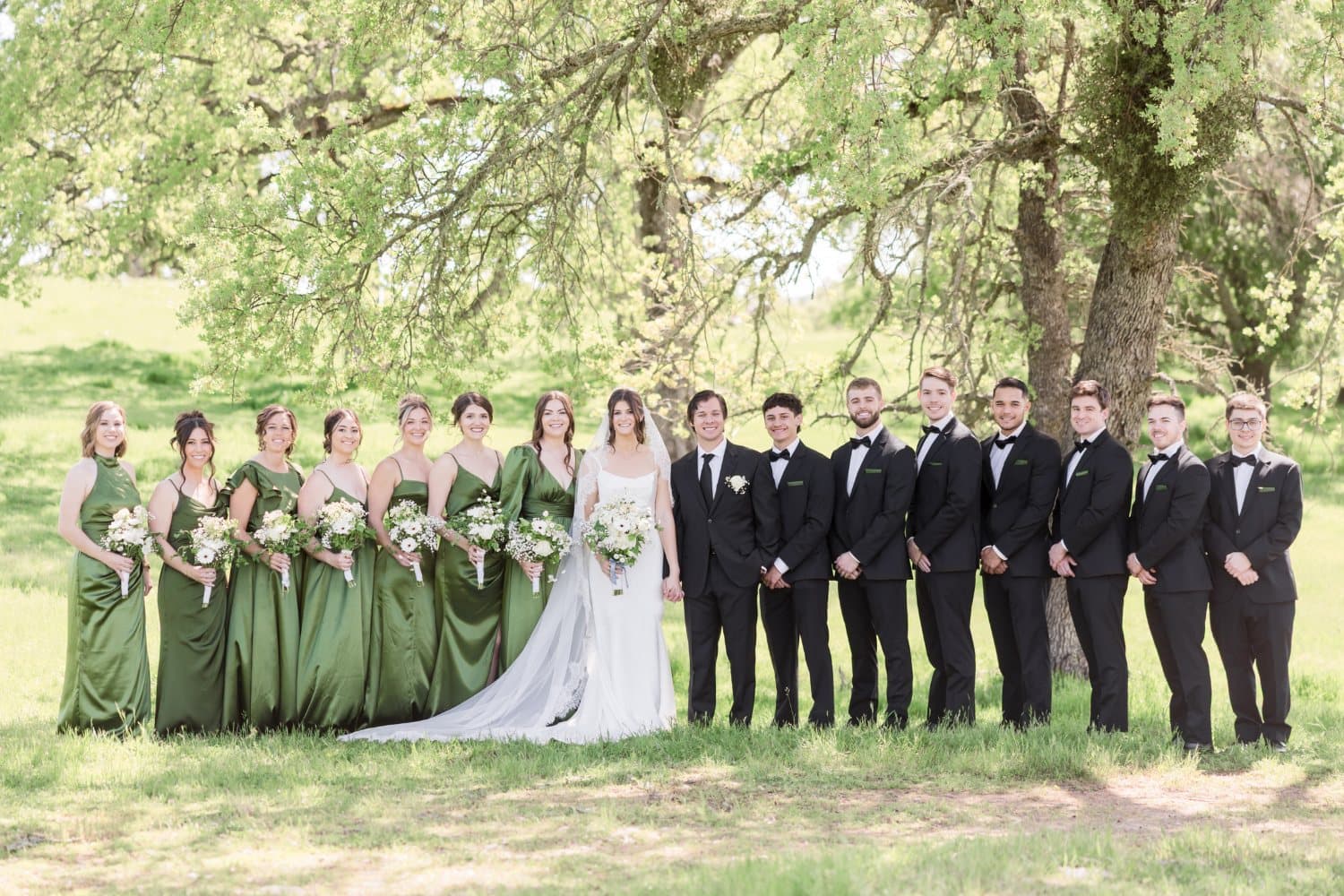 Sixteen-person wedding party in olive satin gowns and black tuxedos beneath a spreading valley oak on the ranch