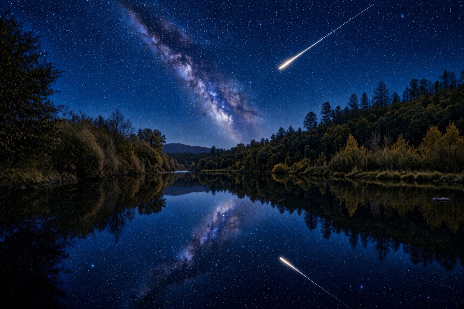 Shooting star and the Milky Way over a still river in the Sierra foothills at night